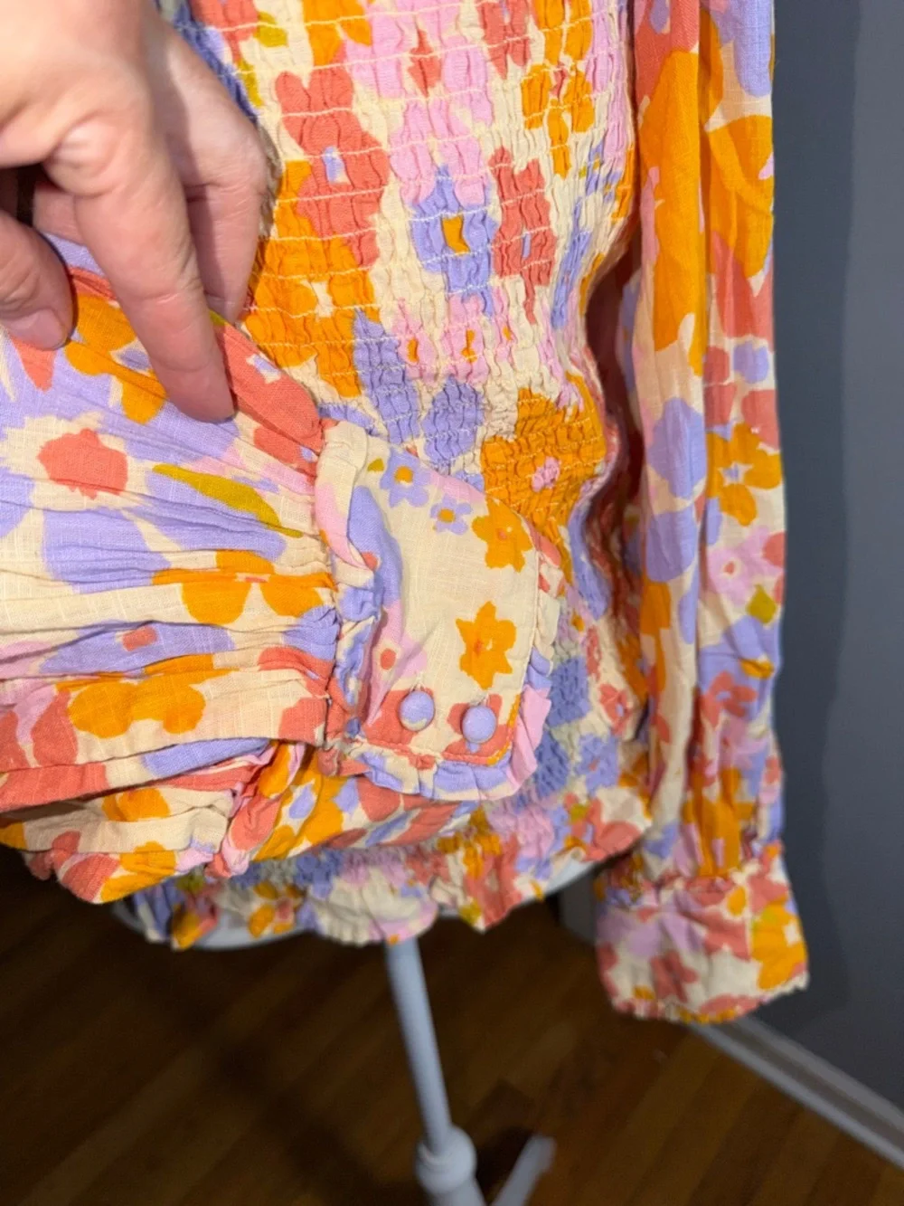 Free People 100% Cotton Floral Smocked Puff-Sleeve Top in Lavender & Orange